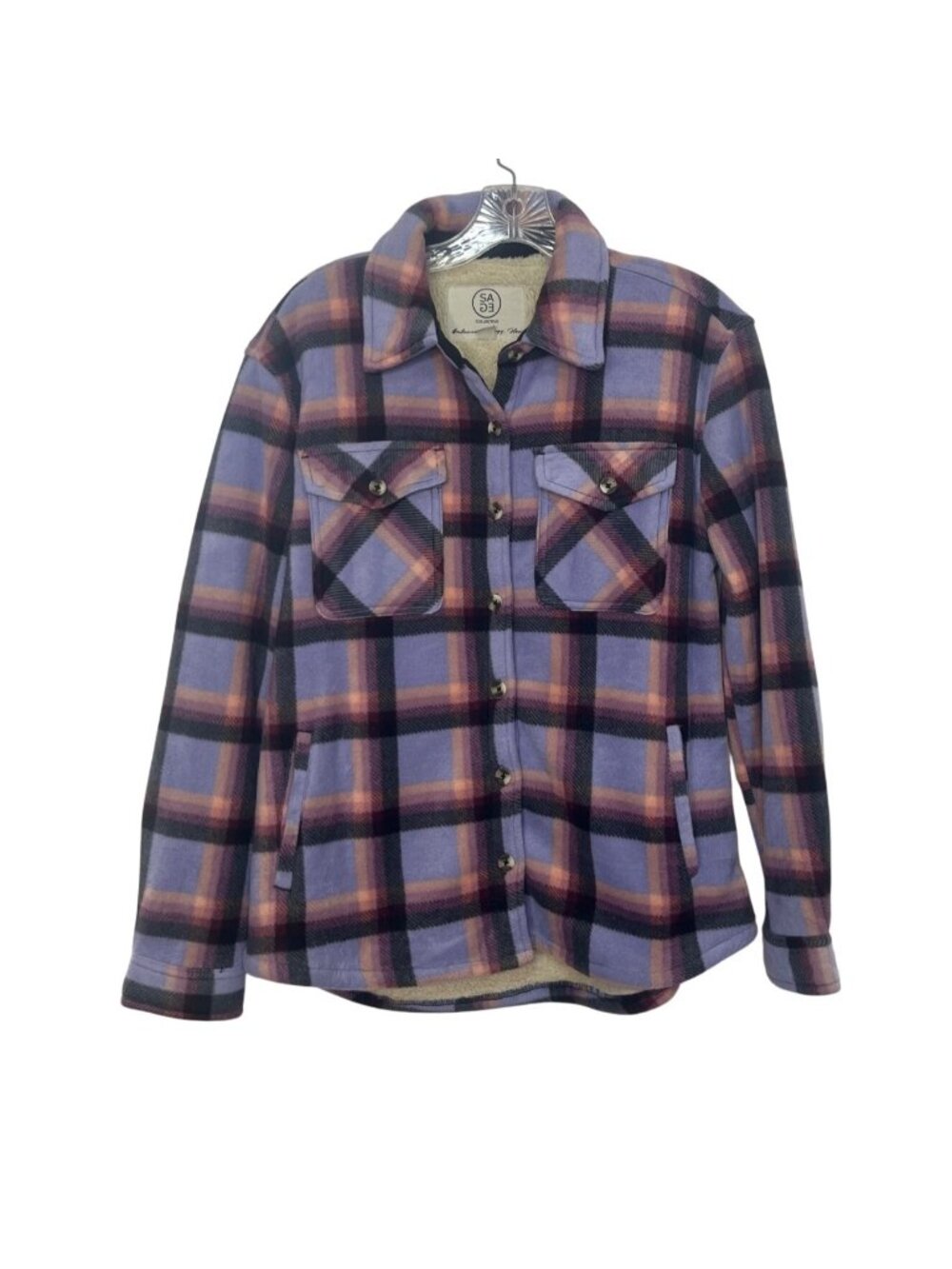 Sage Collective Plaid Sherpa Fur Lined Flannel Shacket Jacket Shirt Small Purple